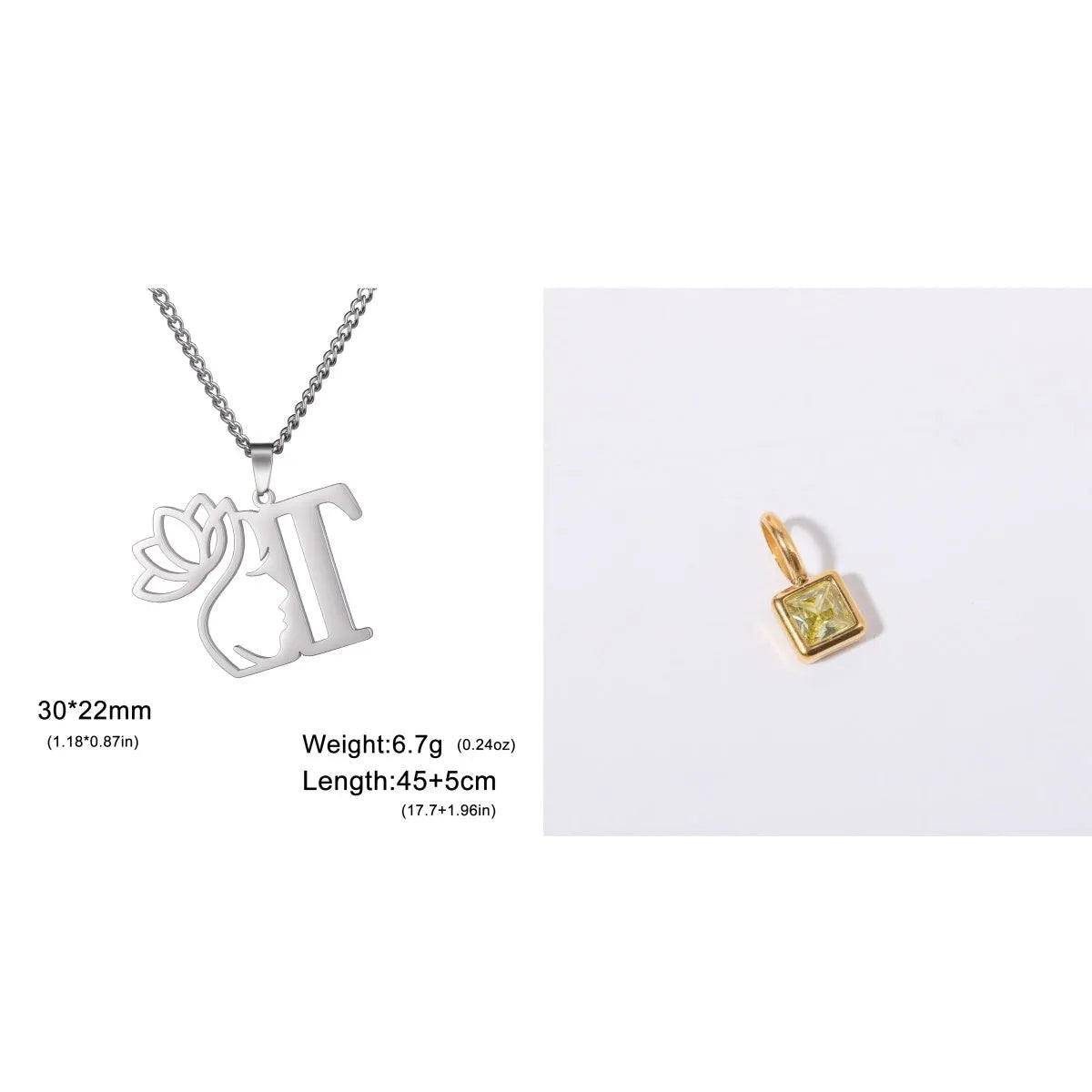 Stainless steel necklace with cross chain design and initial pendant in gold or silver finish