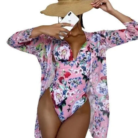 Women's floral bikini three-piece suit with matching coat in seven colour options