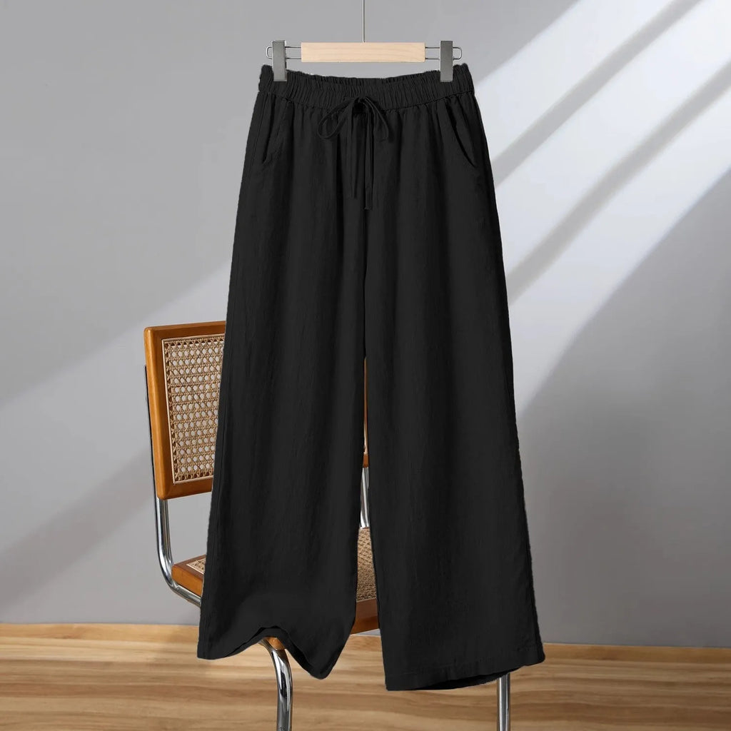 Women's straight-leg casual pants with elastic drawstring waist in apricot colour