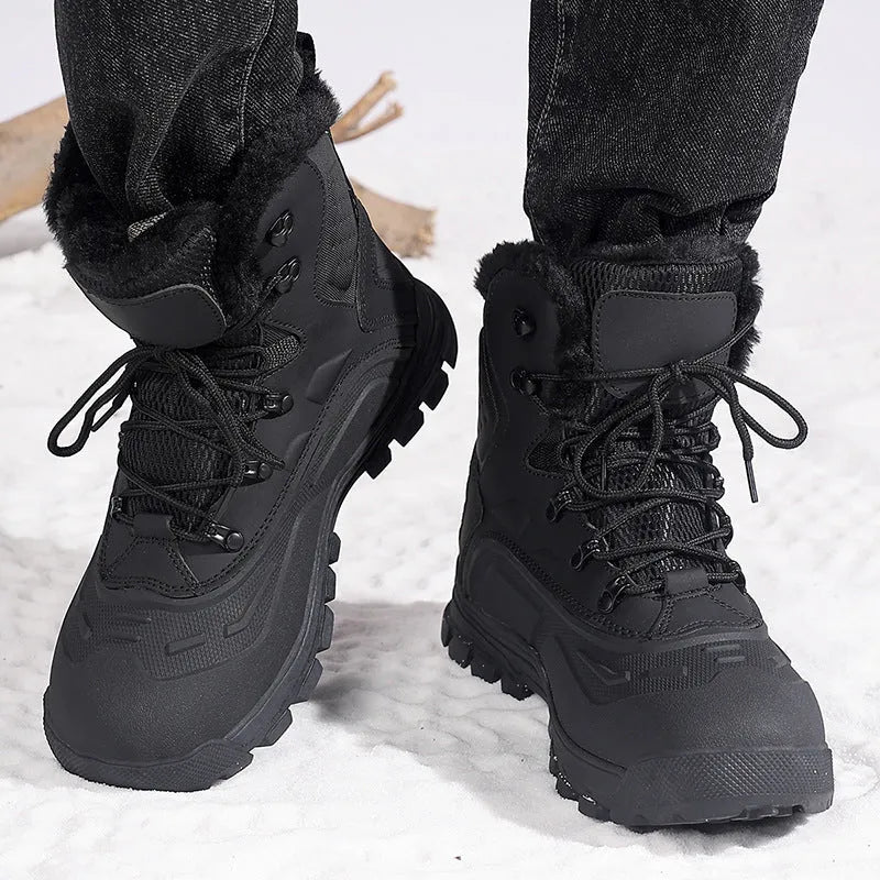 Men's black high-top winter boots with fleece lining and lace-up front.