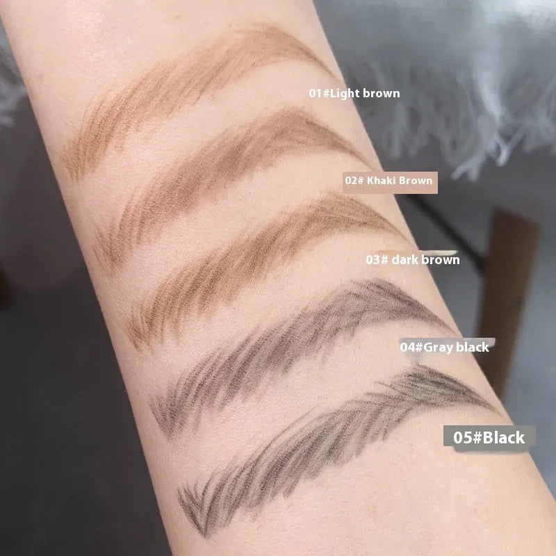 Gold ultra-fine eyebrow pencil shown in five shades: light brown, kaki brown, dark brown, grey black, and black