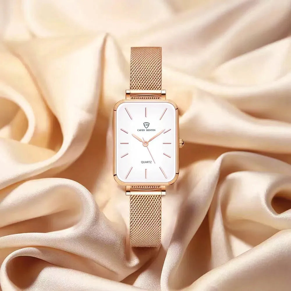 Women's waterproof quartz watch with woven steel strap in silver or rose gold colour options