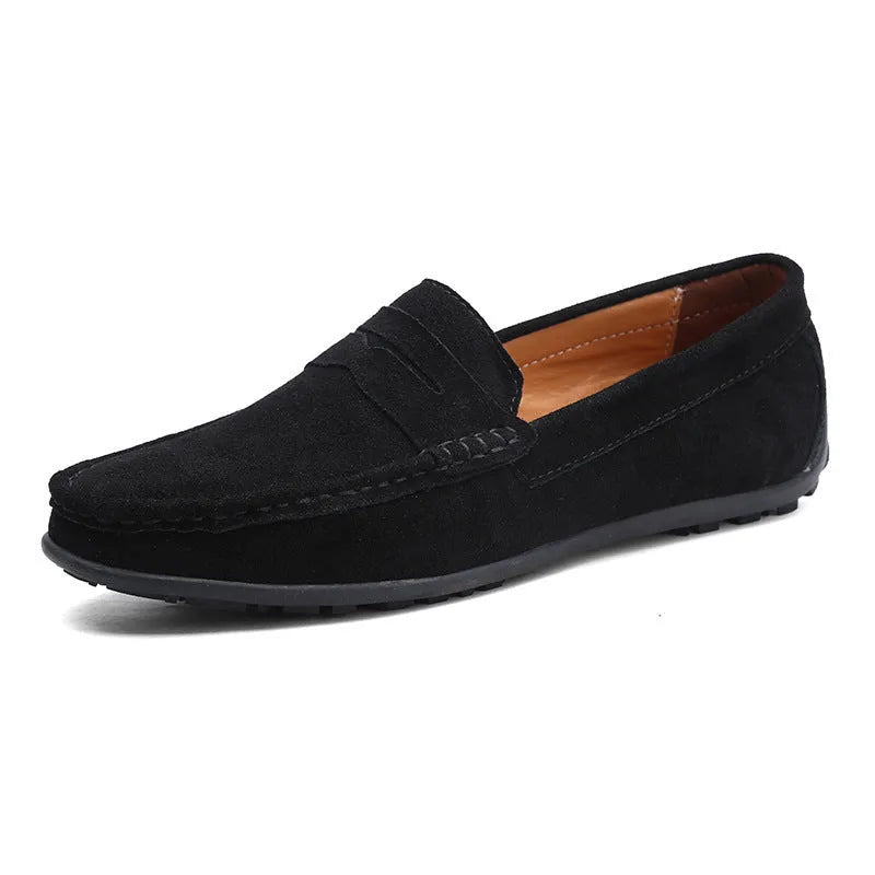 Men's suede Gommino-style loafers in a range of colours on a flat rubber sole.