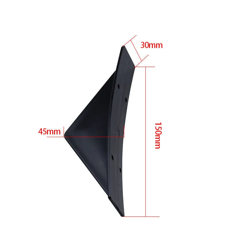 Black ABS plastic triangular car rear spoiler with mounting hardware on a white background.