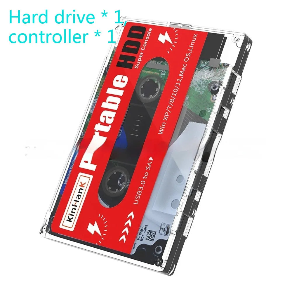 External mechanical hard disk with USB cable, PC shell measuring 12.8cm, showing 2TB capacity for gaming storage
