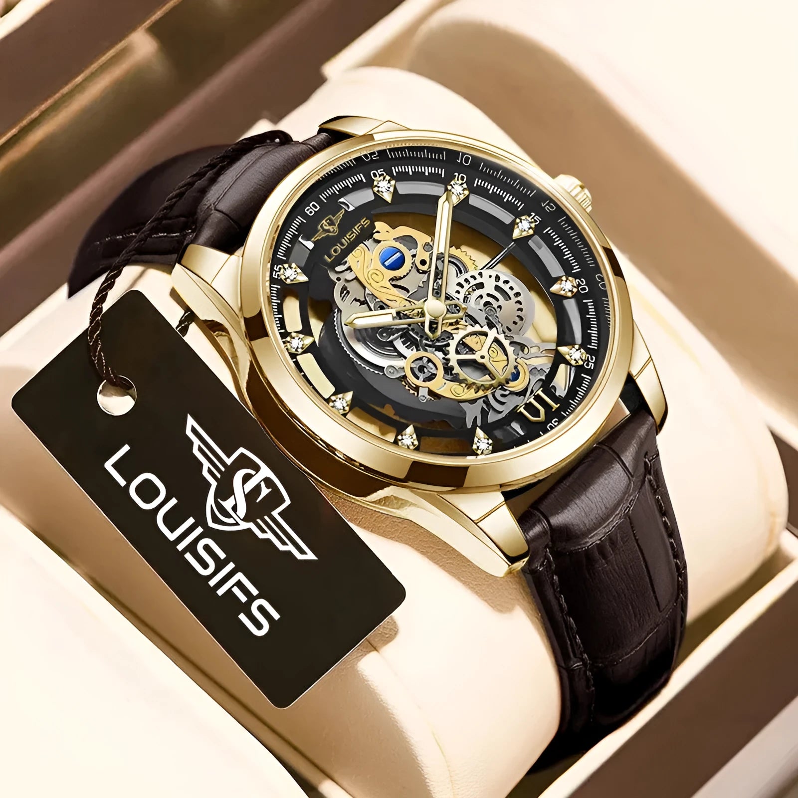 Swiss quartz men's business watch with hollow case in gold or silver with brown or black strap
