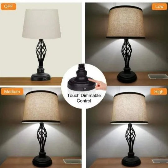 Silver alloy bedside table lamp with touch controls and USB charging port on base