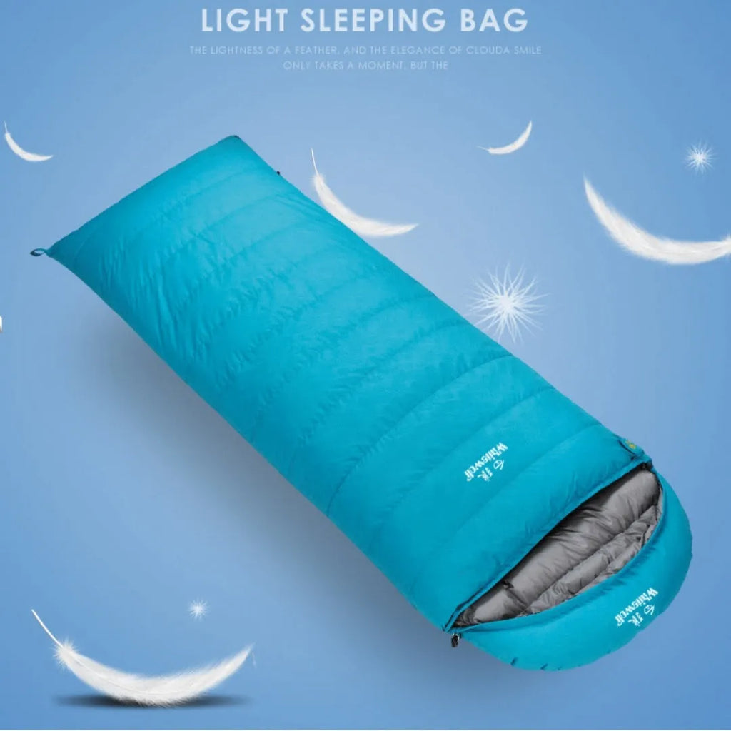 Black outdoor sleeping bag with goose down filler and tear-resistant nylon fabric for adult camping use