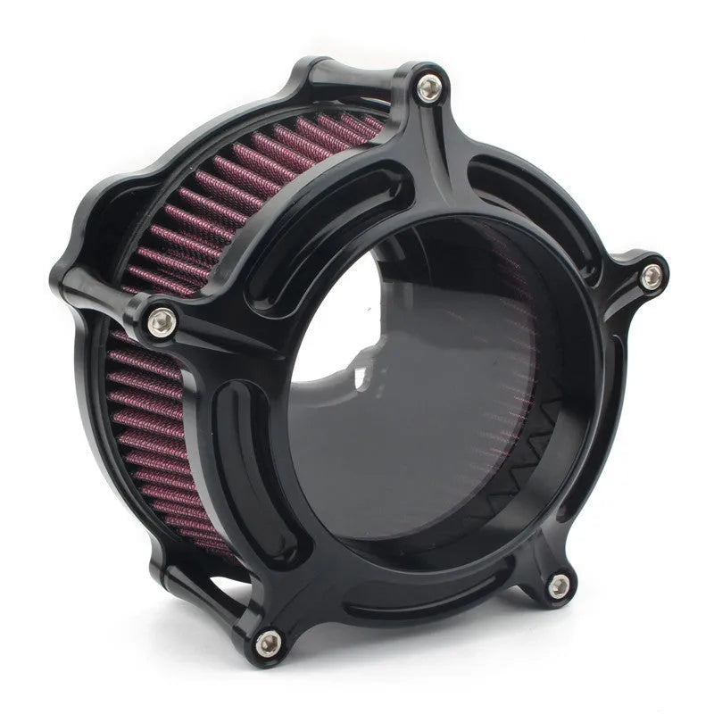 Aluminium air filter retrofit kit in red and blue electroplated finishes with suction accessories.
