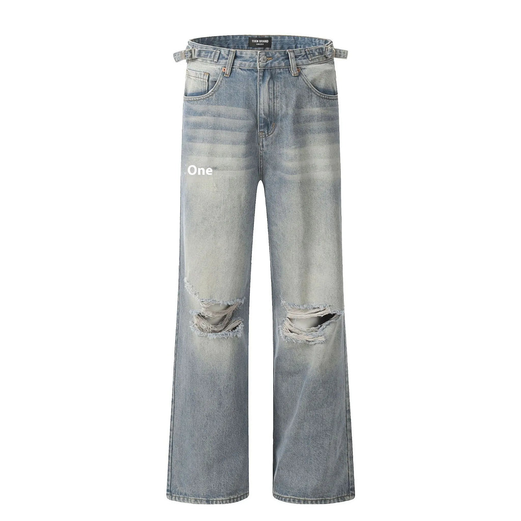 Blue men's ripped jeans with straight-leg cut and zipper fly