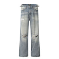 Blue men's ripped jeans with straight-leg cut and zipper fly