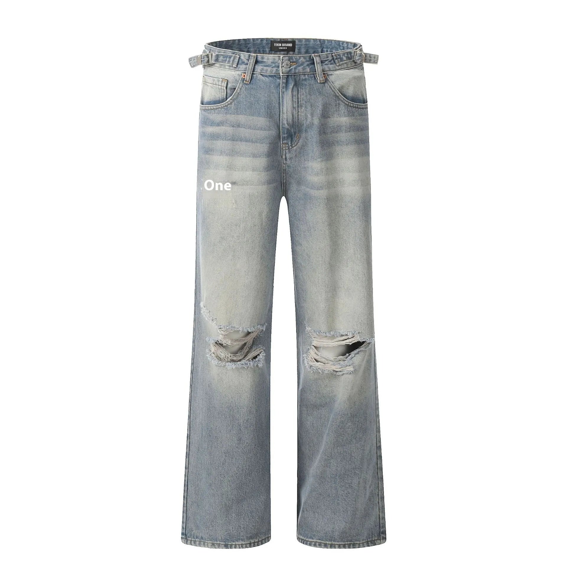 Blue men's ripped jeans with straight-leg cut and zipper fly
