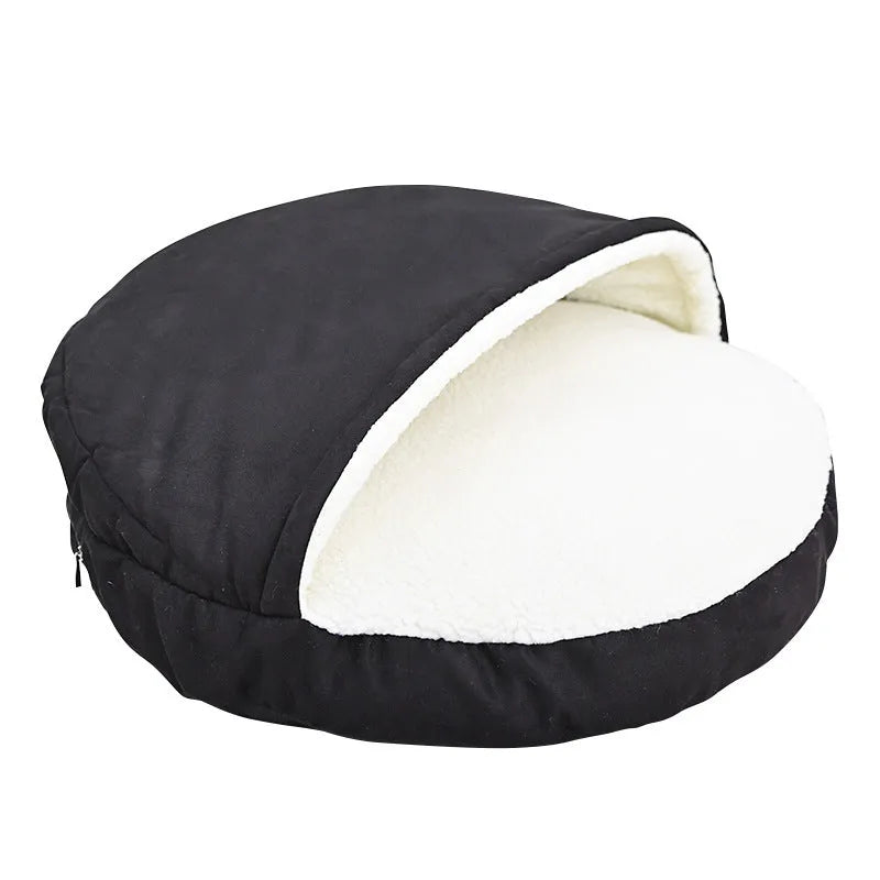 Brown removable cloth dog kennel shown in a small size next to a grey medium size variant.