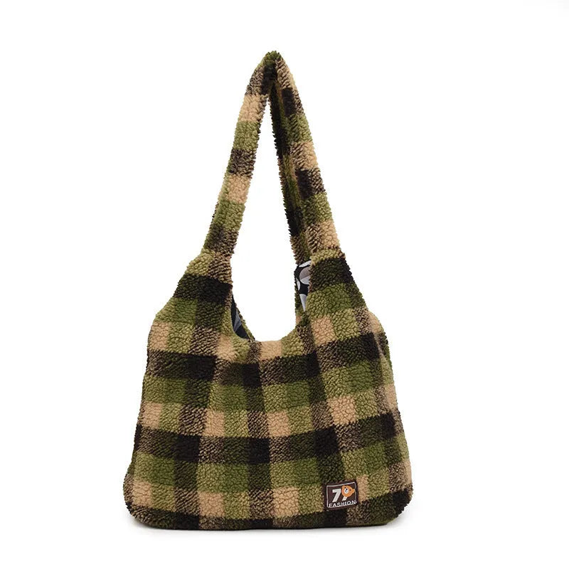 Women's plaid crossbody tote bag in soft plush material with horizontal square shape