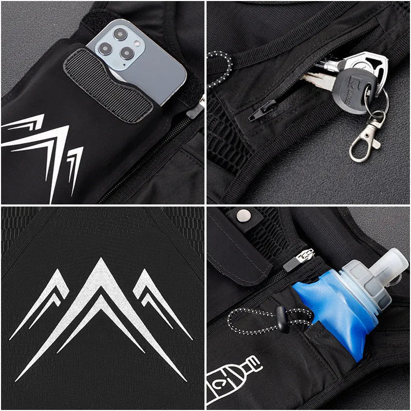 Classic black running vest with integrated phone pocket and detachable 500ml water kettle on a manikin.