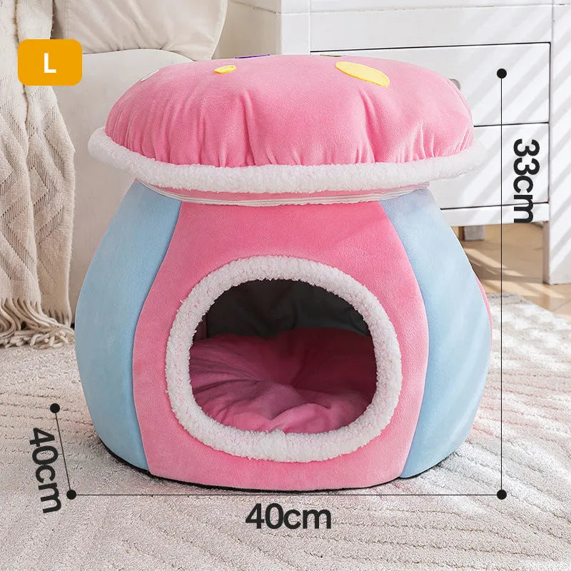 Purple mushroom-shaped plush cat bed for small pets on a grey background.