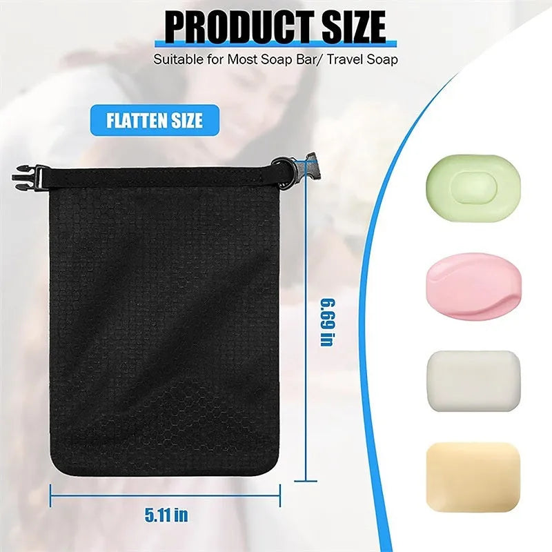 Green bubble net soap container bag with waterproof leak-proof material, shown open with a bar of soap inside.