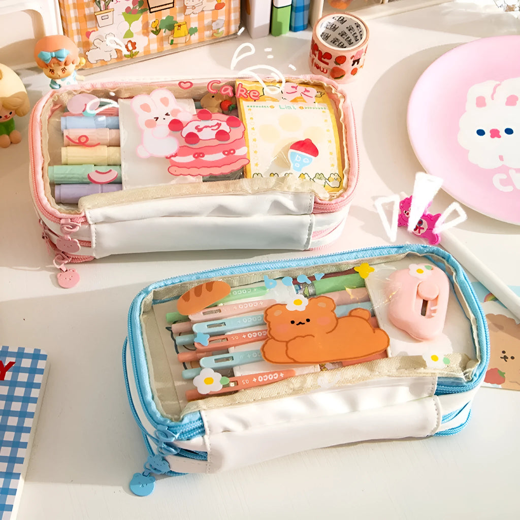 Transparent TPU pen case with heart design and rabbit cake pattern for stationery storage