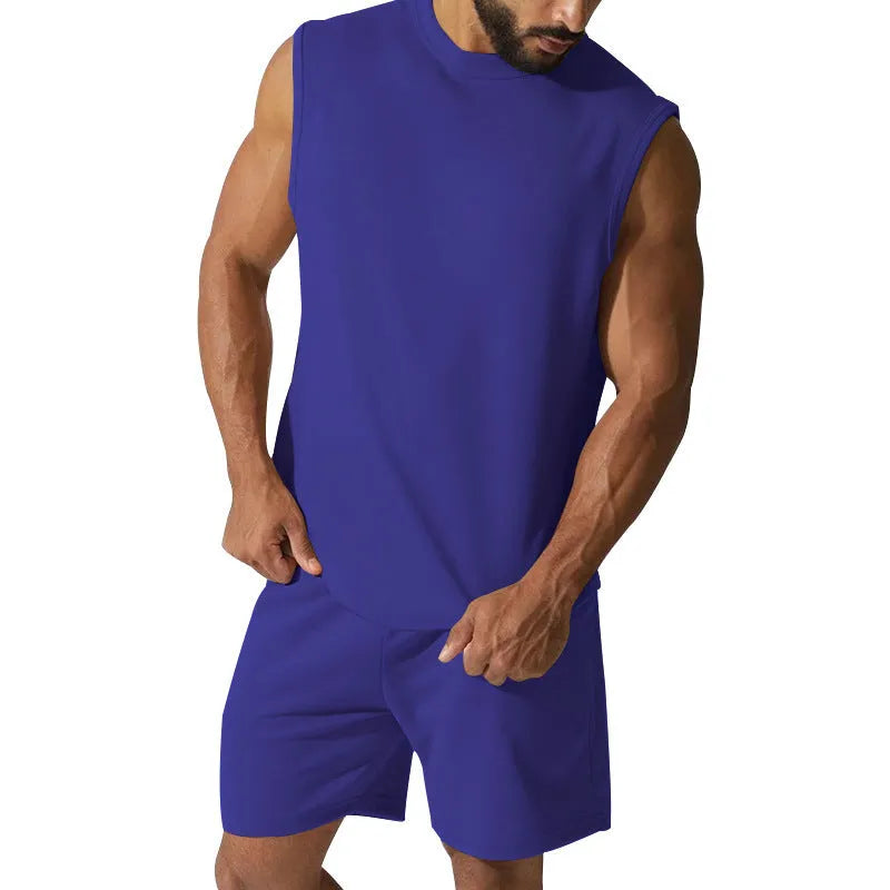 Men's sleeveless sports suit set in cotton blend with matching shorts in solid colour options