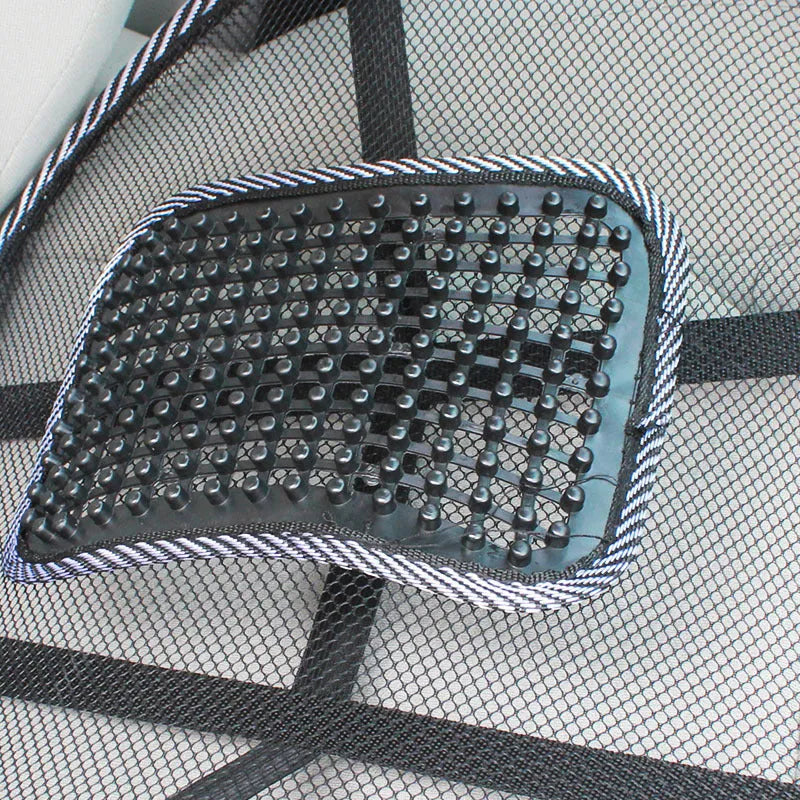 Black car lumbar support pillow with leather nail pattern and steel wire frame measuring 41x39cm