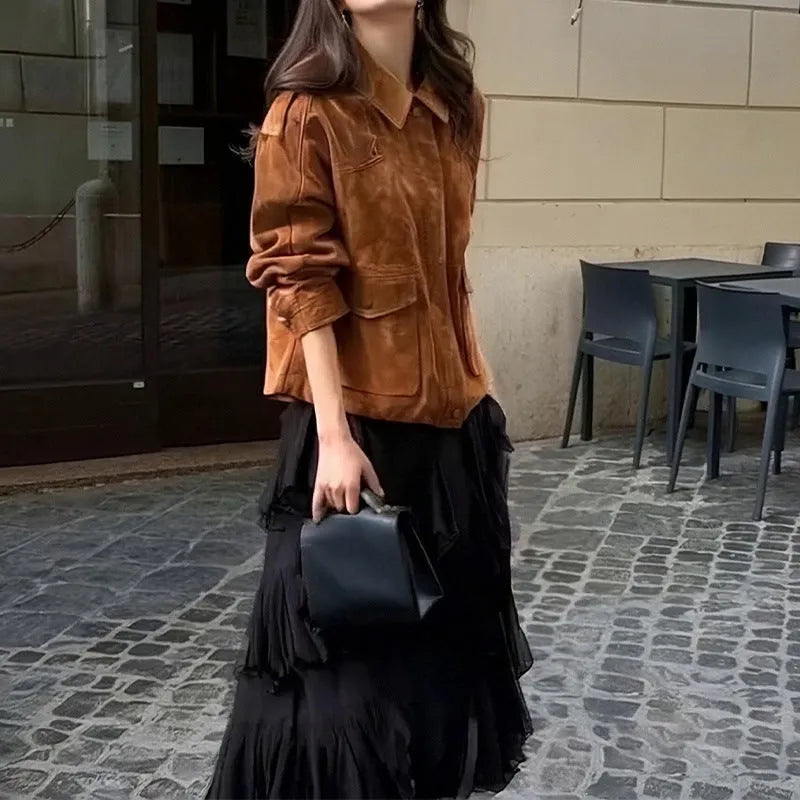 Women's brown polyester suede coat with regular sleeves on hanger