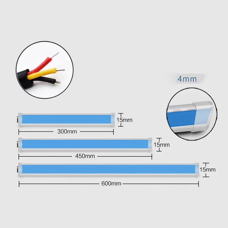 Flexible silicone car LED daytime running light strip with flowing turn signal animation mounted on headlight.