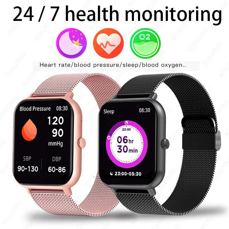 Smart watch with AMOLED display showing health metrics including heart rate, blood pressure and blood oxygen readings
