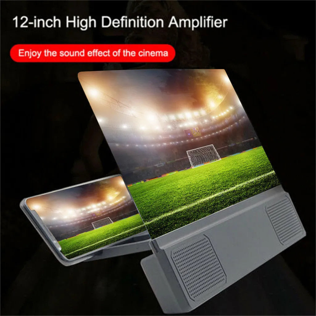 12-inch mobile phone screen amplifier with flexible stand and built-in speaker on a table