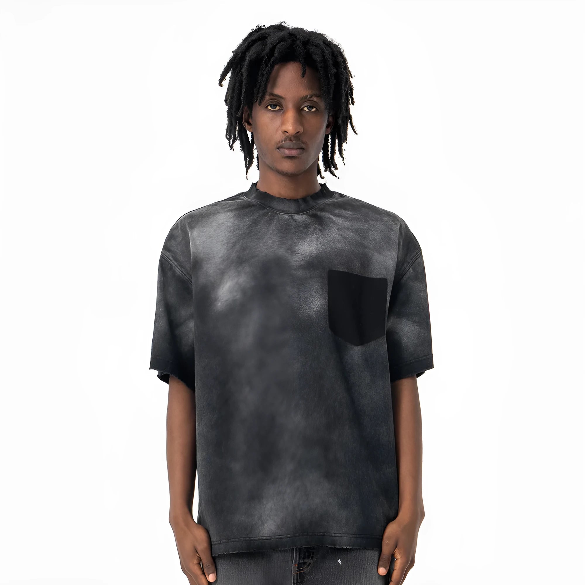 Black men's cotton t-shirt with printed letter design and drop-shoulder sleeves in loose street fashion style