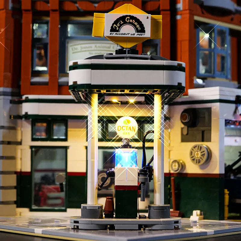 Plastic MOC model LED lighting accessory parts in a corner repair shop theme.