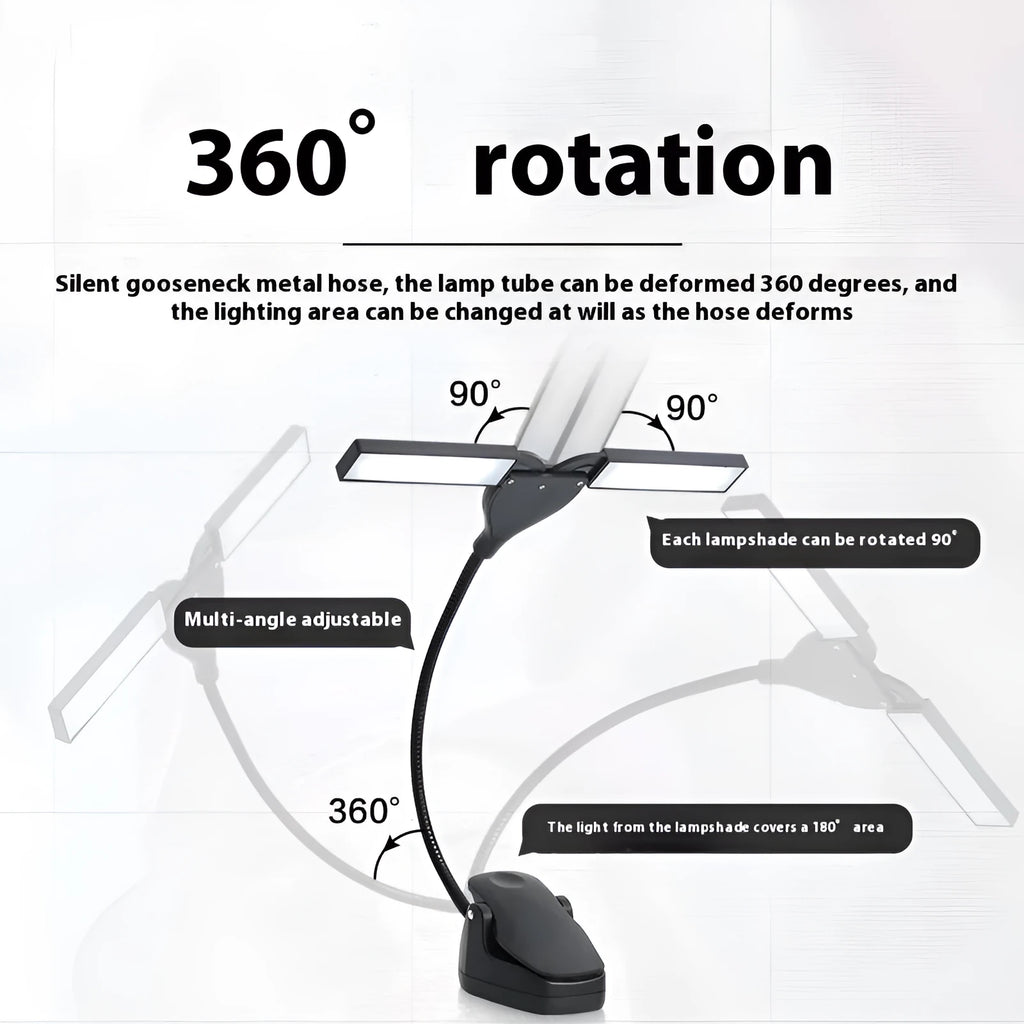 Black USB rechargeable music stand lamp with 28 LEDs mounted on a metal stand.