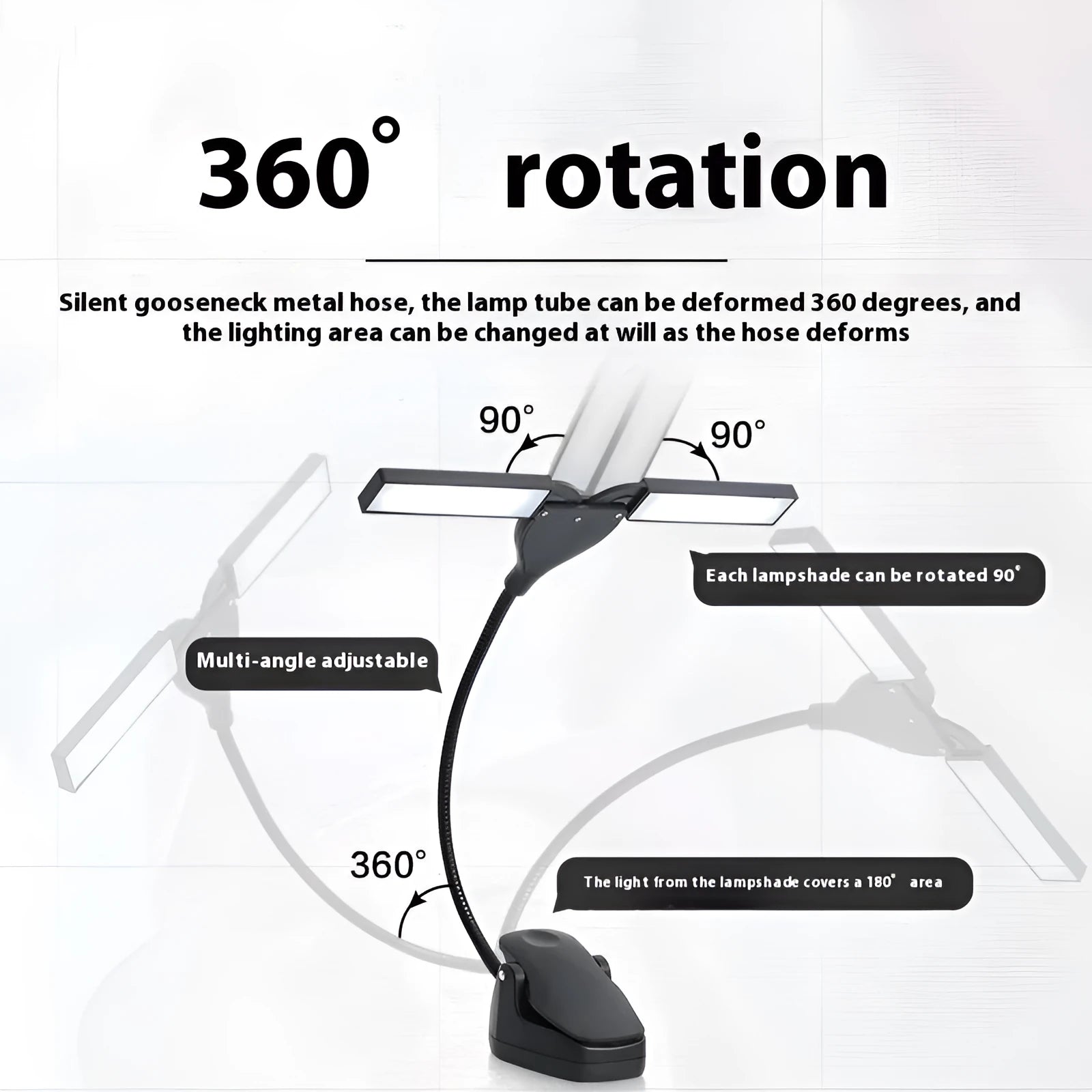 Black USB rechargeable music stand lamp with 28 LEDs mounted on a metal stand.