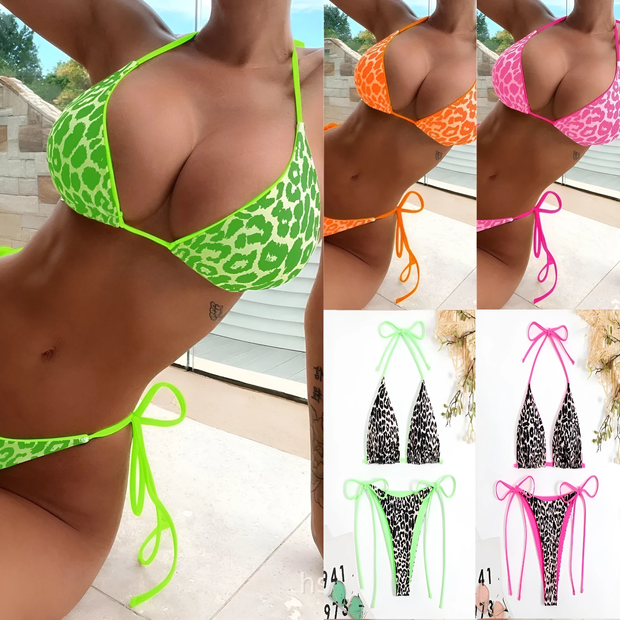 Women's lace-up triangle bikini top with matching split-leg bottoms in a colour style.