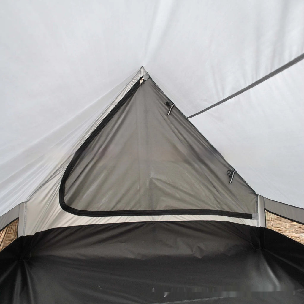 Brown or white A-line pole-free cabin tent for 2-3 people with hiking cane support