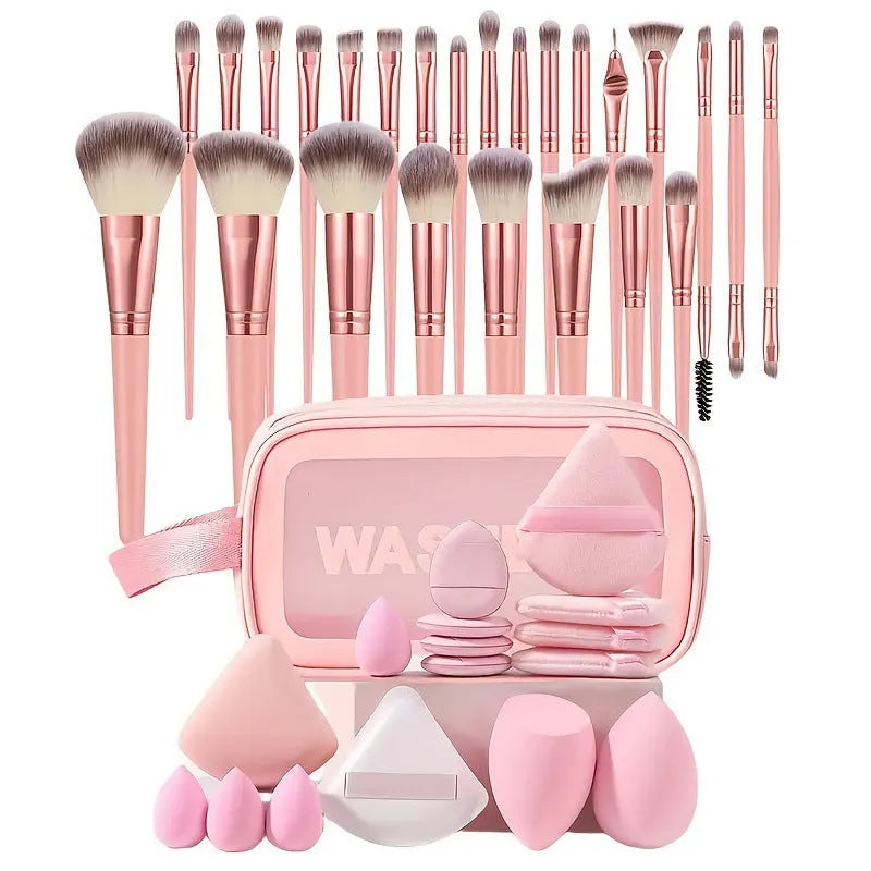 40-piece makeup brush set with hydrophilic non-latex bristles in brown, pink, and purple colour options