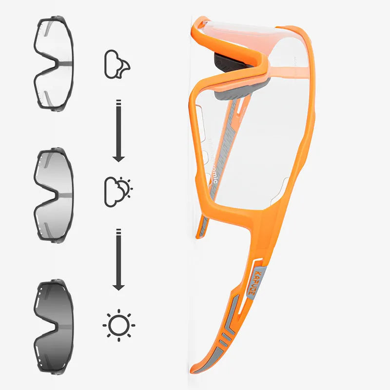 TR90 photochromic cycling sports goggles with a semi-rimless frame in one of 14 available colours.