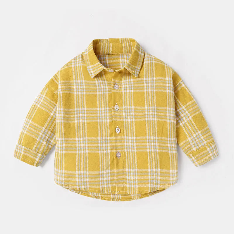 Boys' long sleeve cotton shirt with lattice and cartoon pattern in khaki colour.