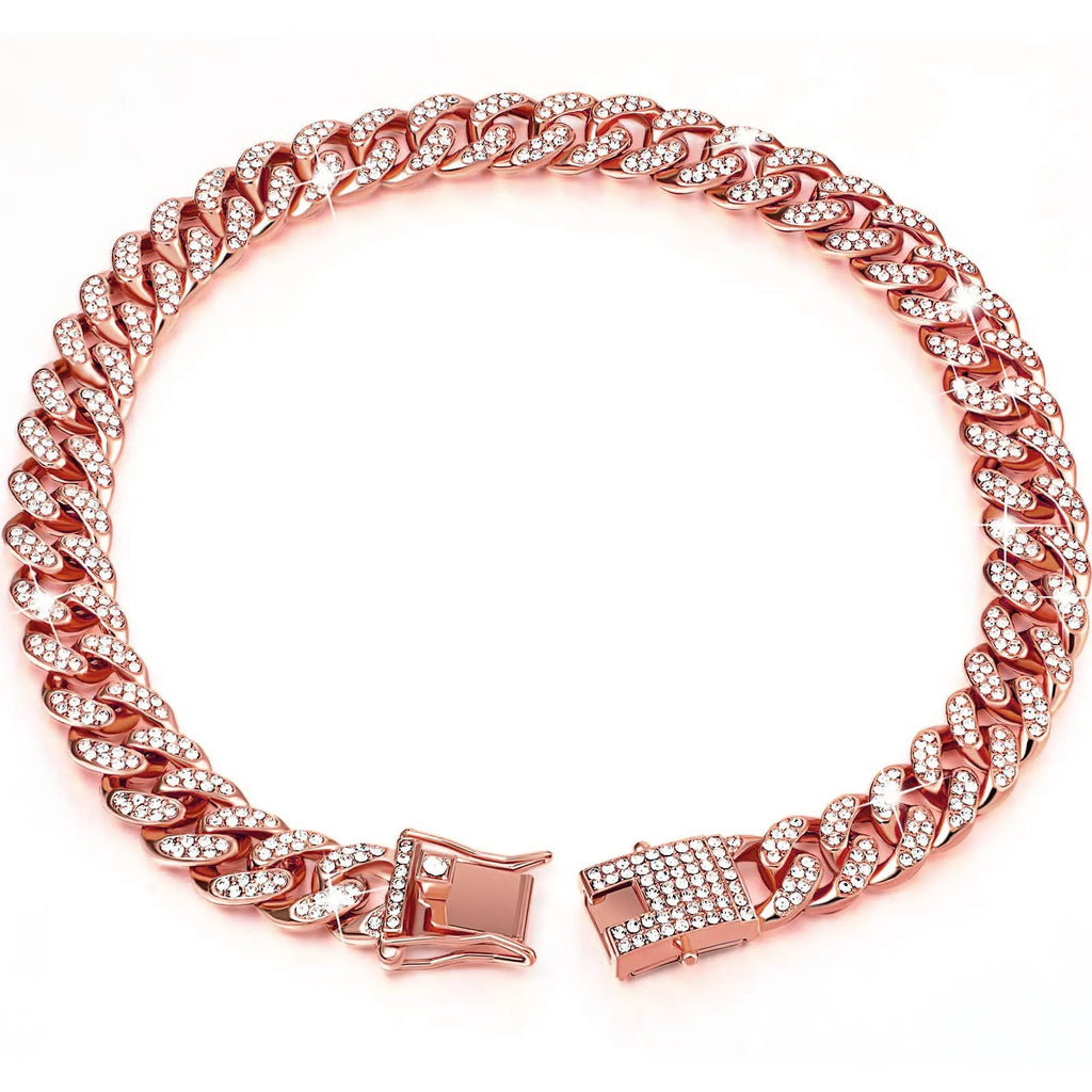 Gold alloy hip hop dog collar necklace with diamond pattern, 12.5mm width, on a white background.