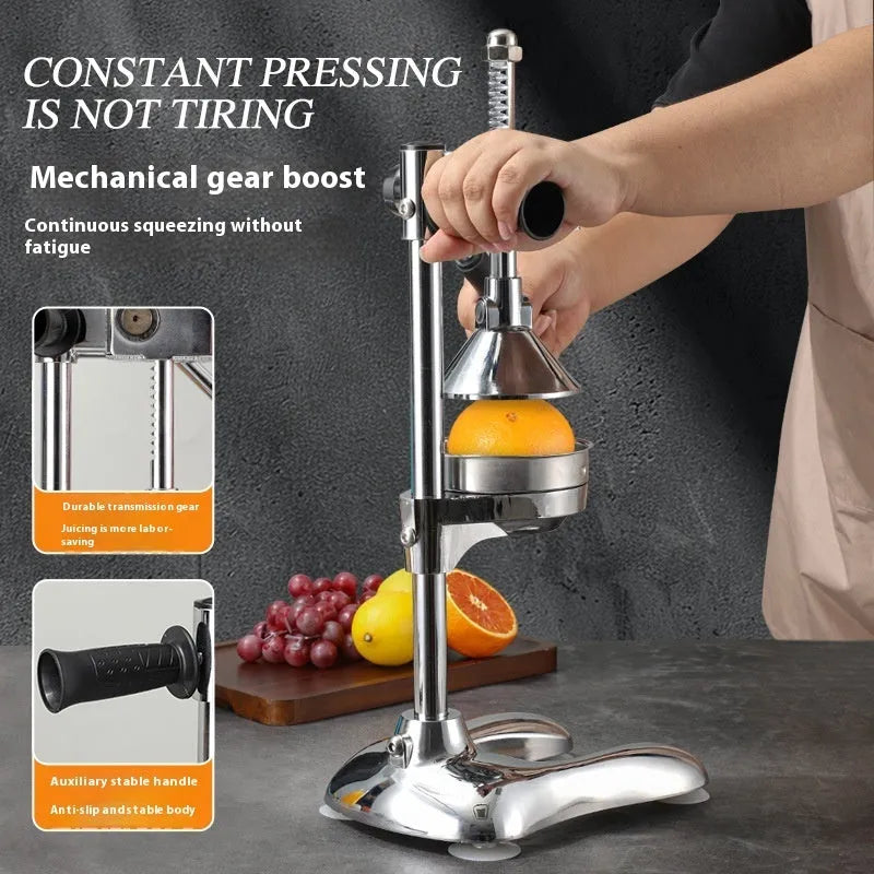 Vertical stainless steel manual juicer with zinc alloy base in choice of colours with pointed, flat or double head options