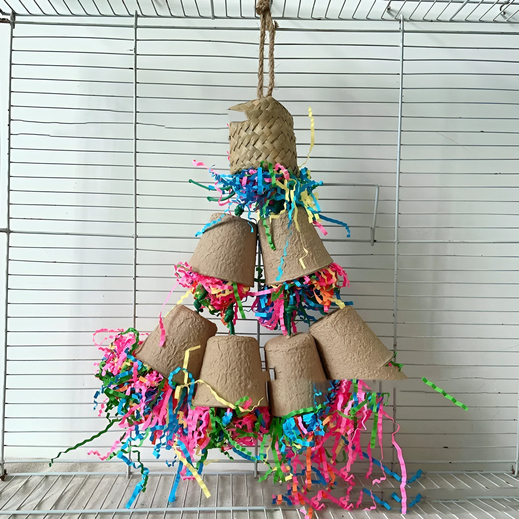 Parrot gnawing toy made from woven palm paper cup material, hanging at 38cm.