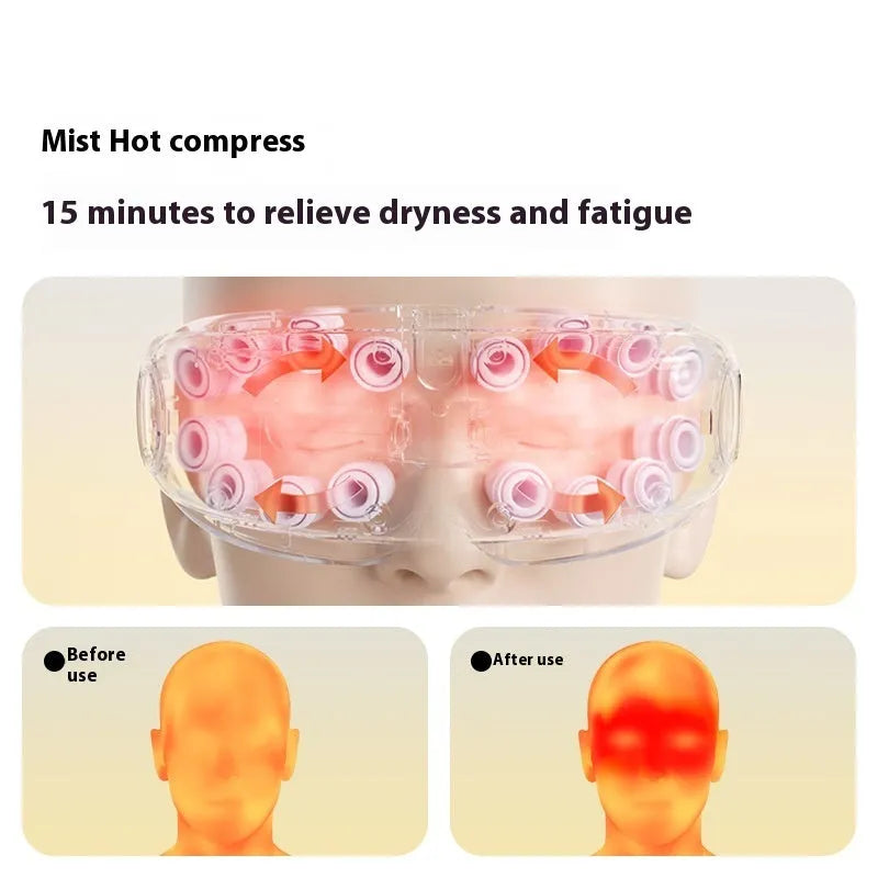 Purplish grey rechargeable Bluetooth eye steam massager and hot compress device on a plain background.