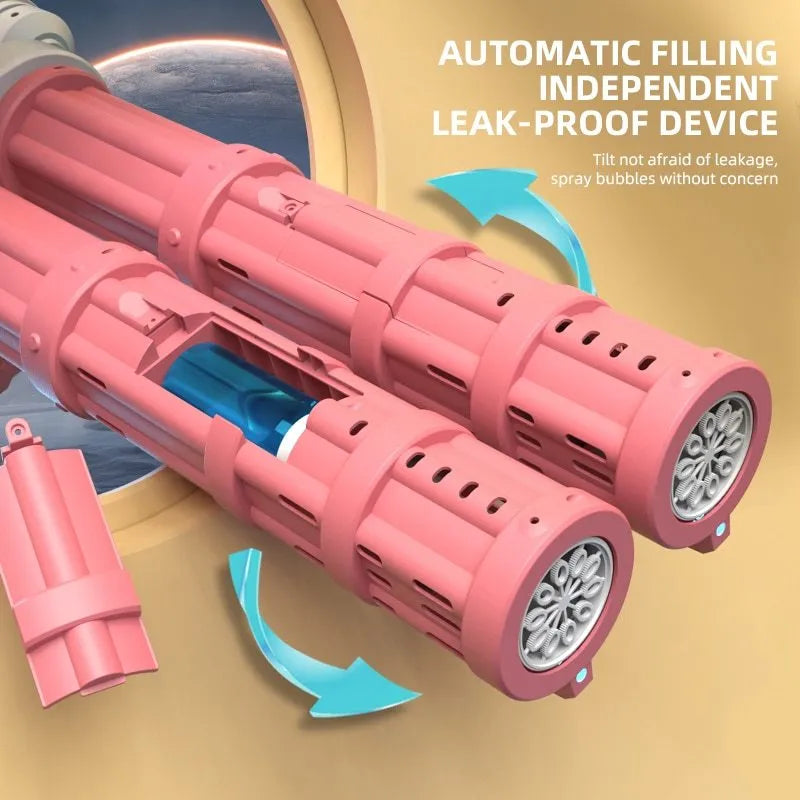 Super big double-tube bubble gun machine in pink with colourful lights for outdoor play