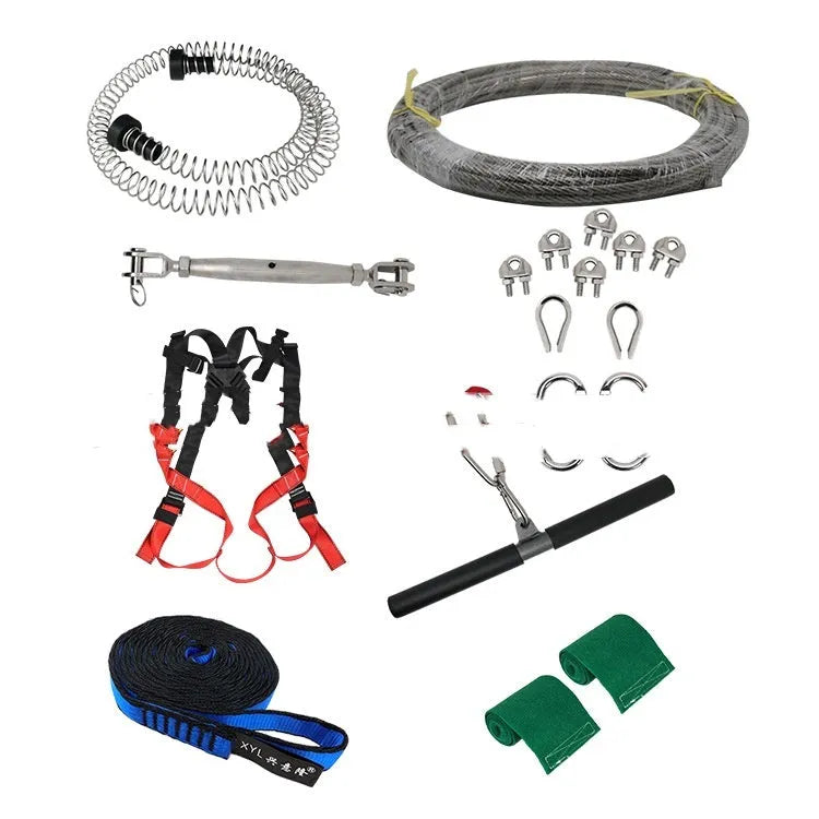 Children's pulley slide rope set with safety harness, alloy steel pulleys, and multiple carabiners for outdoor play