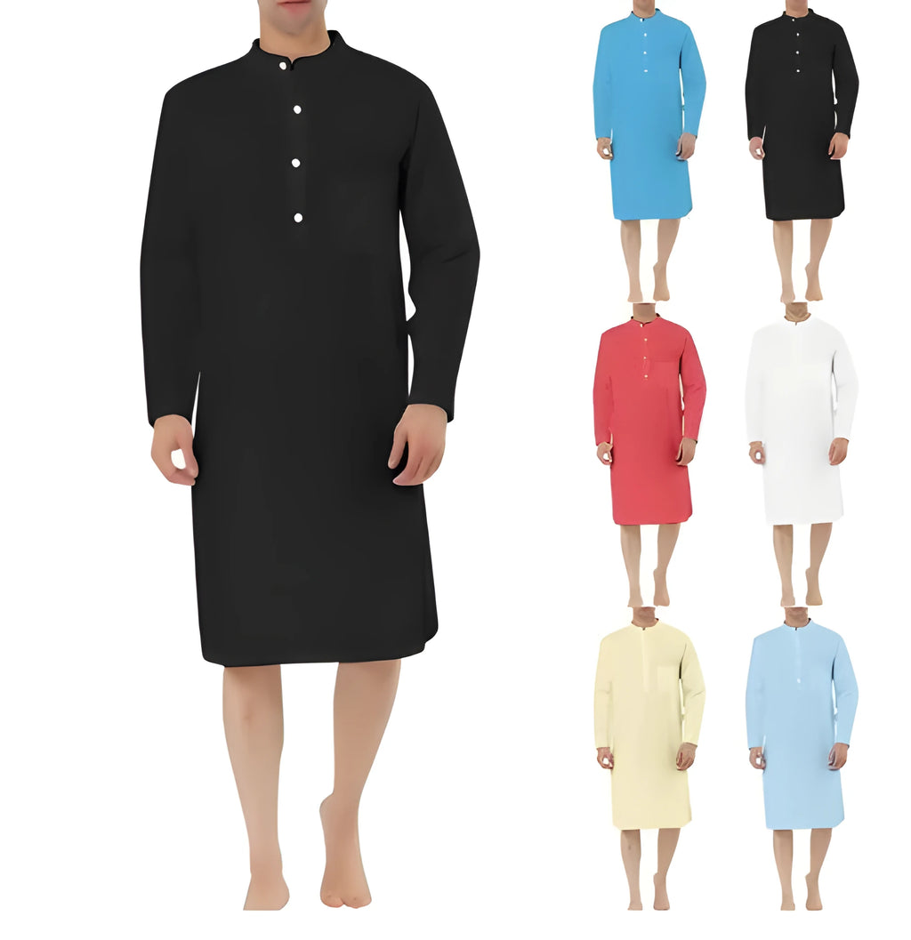 Man wearing a dark blue cotton robe shirt with button front and chest pocket