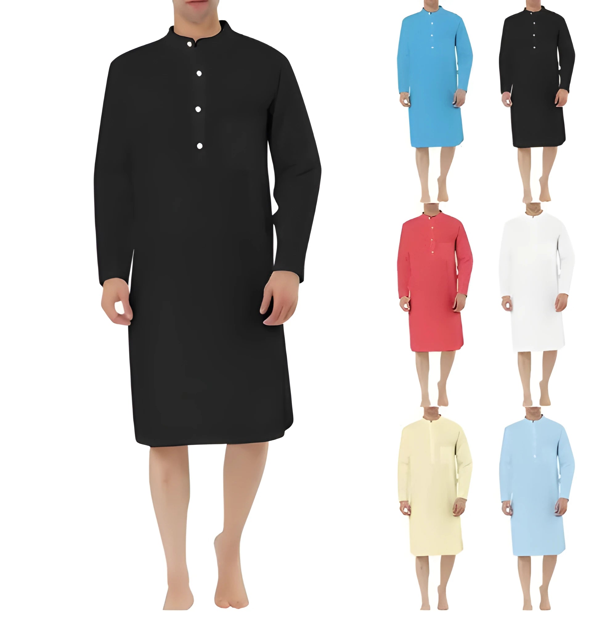 Man wearing a dark blue cotton robe shirt with button front and chest pocket