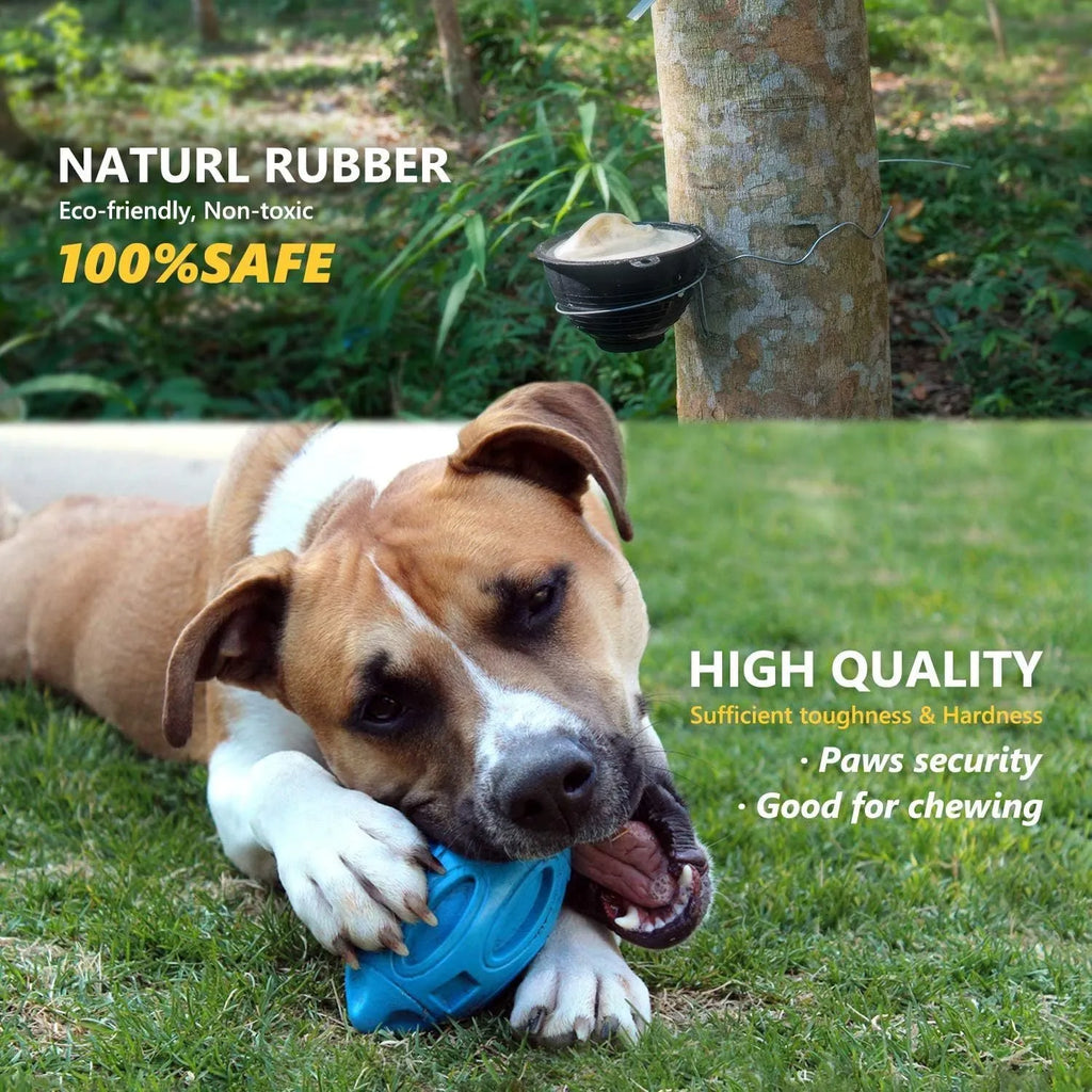 Blue, green, and orange natural rubber squeaky dog chew ball for medium and large breeds