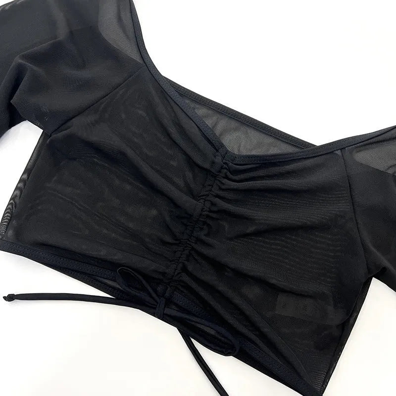 Black mesh four-piece bikini suit with long sleeves for women's swimming