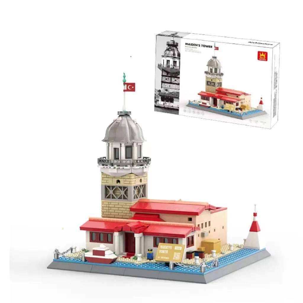 Wange building block set showing over 800 small ABS plastic pieces for constructing global landmark models.