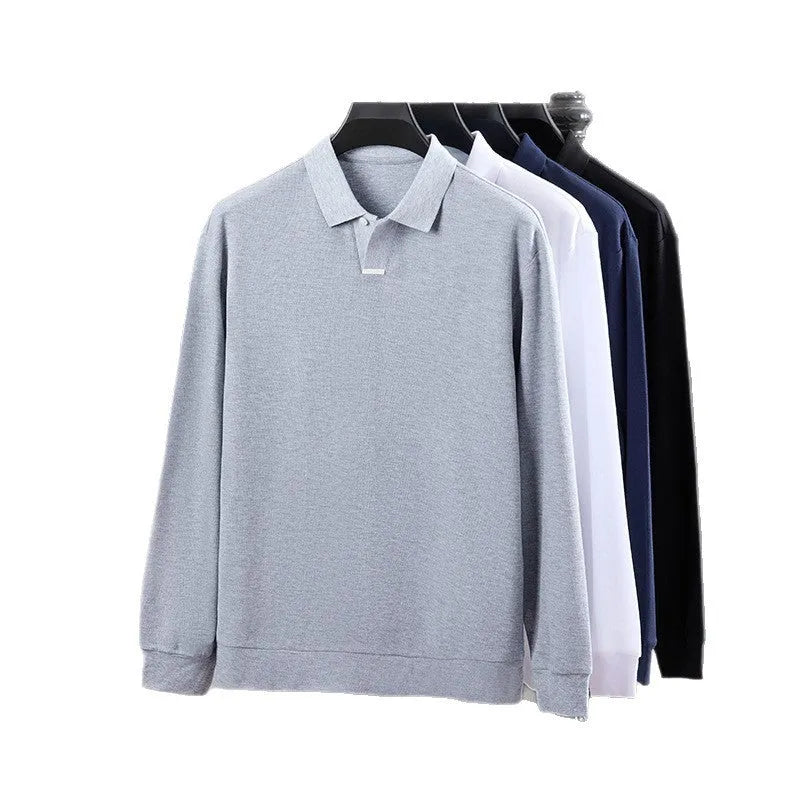 Men's loose fit cotton polo shirt with asymmetric lapels and long sleeves in multiple colours