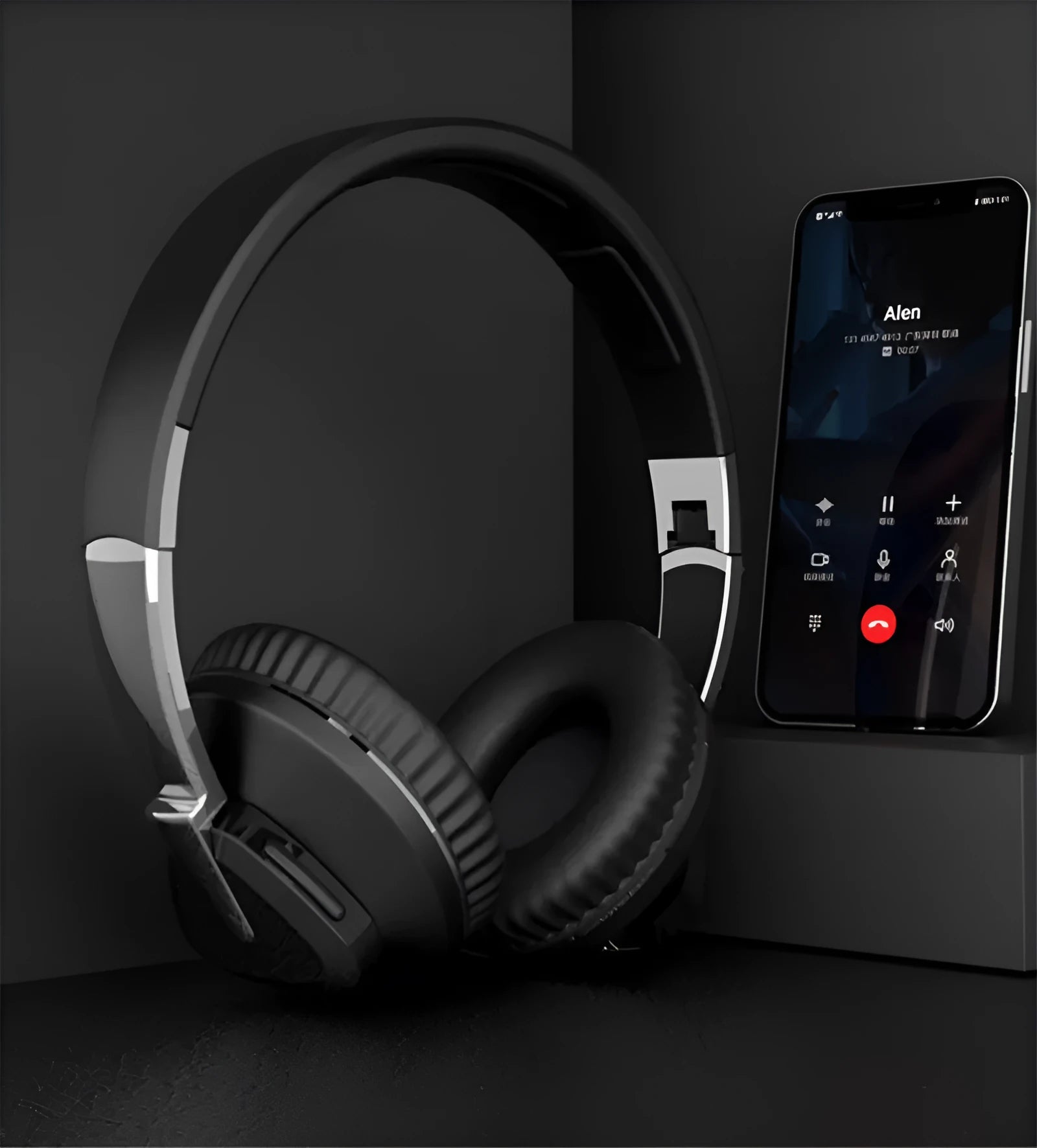 H3 Wireless Bluetooth over-ear headset with all-inclusive ear cups in black, shown with AUX cable.